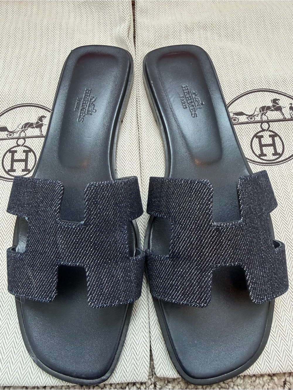 Authentic Hermès Oran Denim Leather Sandals Sz 37.5